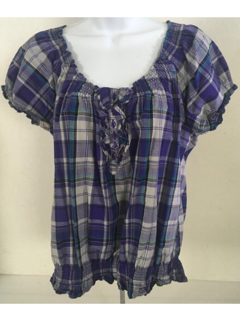 Ocean Pacific Top Size L  Blue White Plaid Scoop Neck with Ruffles Short Sleeves